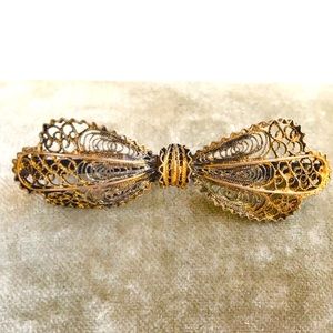 Antique Cannetille Gold Washed Silver Bow Brooch